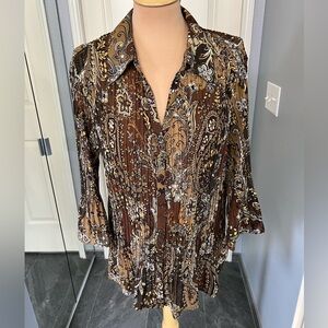 Vtg New York City Design Co Brown Floral Paisley Crinkle Retro Button Up Blouse